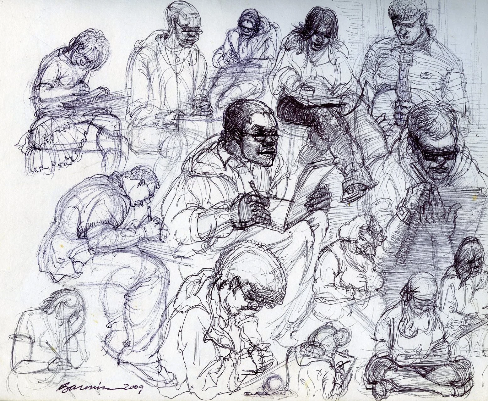 A detailed black-and-white sketch of multiple people sitting and engaging in various activities, with some writing, drawing, or reading. The sketch includes a central figure with glasses writing in a notebook and several others surrounding him, all d