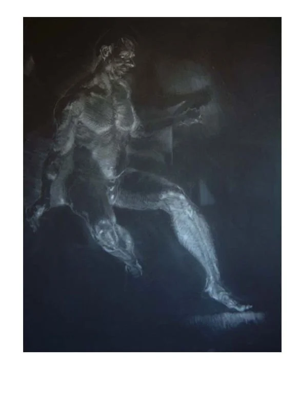 A chalk drawing of a muscular male figure, sitting on a surface with one leg extended and the other bent, set against a dark background.