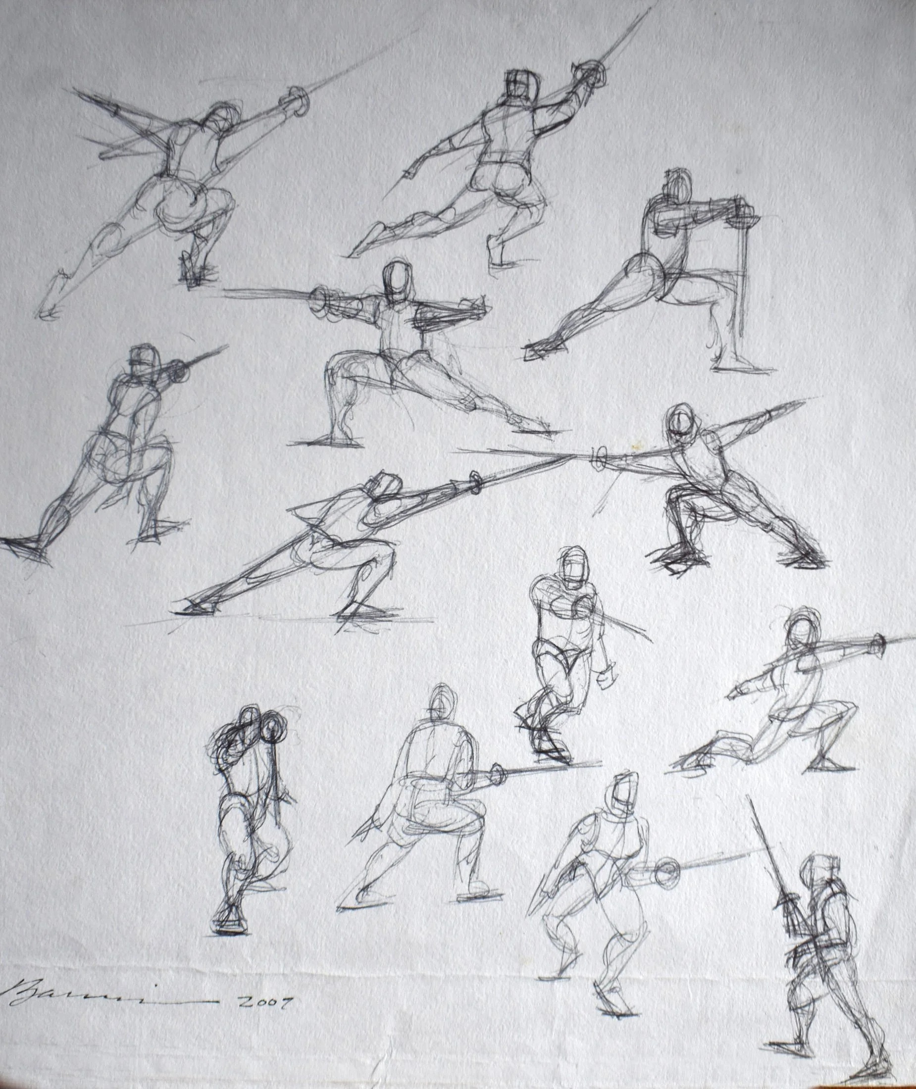Sketches of multiple figures engaged in fencing, practicing various fencing stances and moves, on a white background.