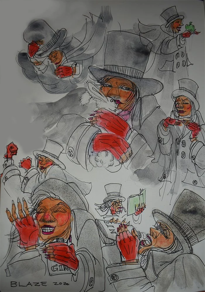 A colorful sketch of multiple people dressed in vintage clothes, wearing top hats, and enjoying drinks and conversation. The scene depicts a lively, joyful atmosphere with exaggerated facial expressions and gestures.