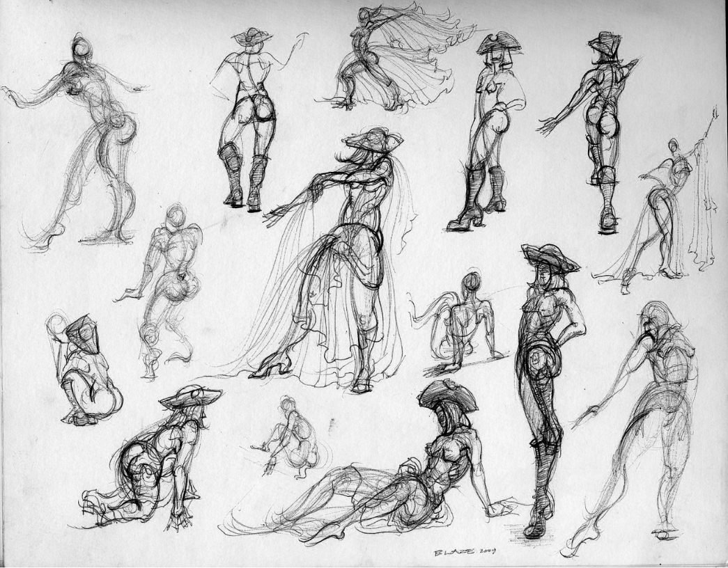 Collection of various sketchy pencil drawings of women in different poses and outfits, some wearing hats, with loose and dynamic lines.