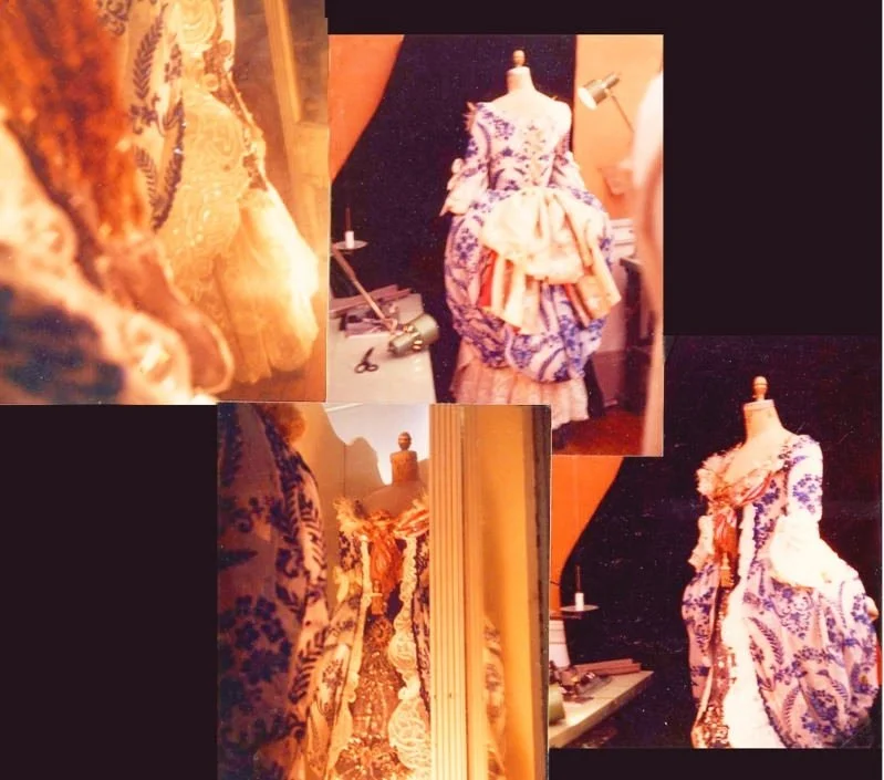 A collage of four photos featuring a vintage dress on a mannequin, displayed in a room with a black backdrop, with sewing tools visible.