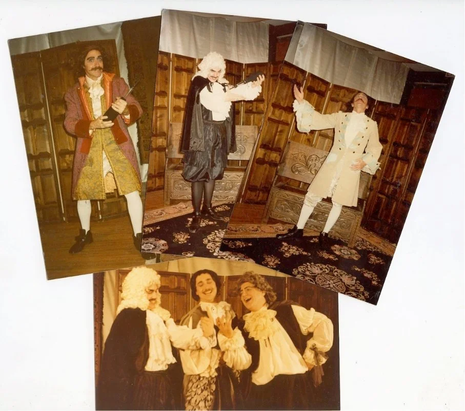 Photographs of people dressed in 18th-century costumes, performing on stage, in a theatrical setting with wood-paneled backgrounds and rugs.