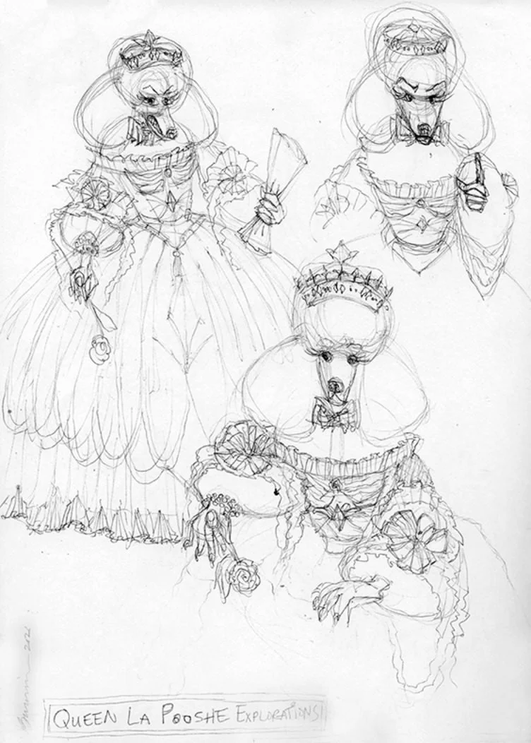 Three views of the queen character titled 'Queen La Pooshe Exploration.'