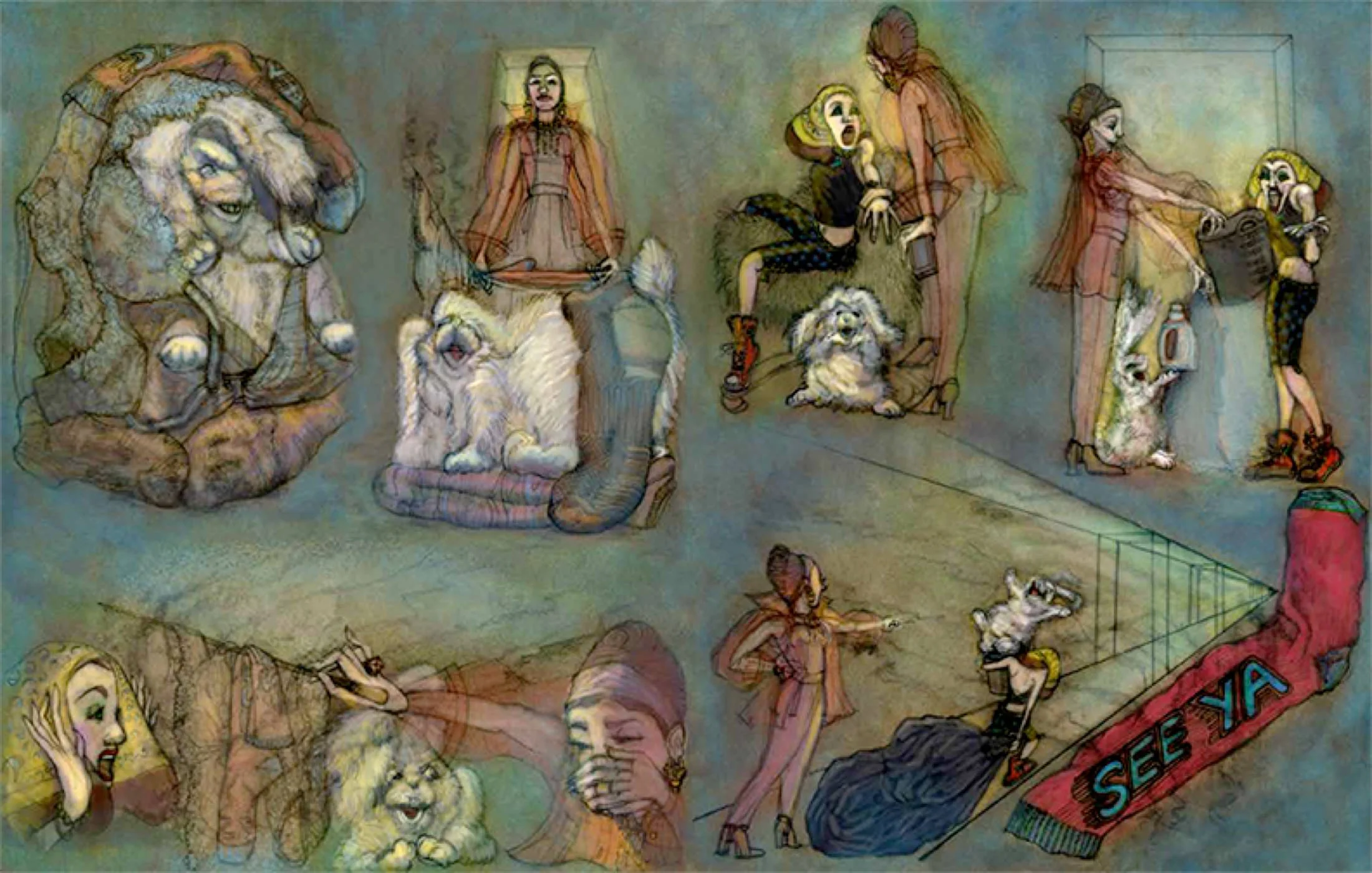A colorful circus-themed illustration featuring animals and children. Shows a lion, tiger, and wolf performing, with children interacting and a performer with a flags. There's a sign that says 'SEE' and 'YAR'.
