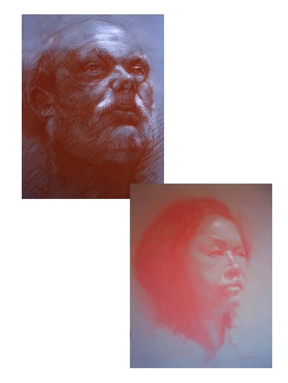 Two portrait sketches, one of an elderly man with a beard and a serious expression, drawn in bluish tones, and the other of a young woman with medium-length hair, painted in reddish tones.