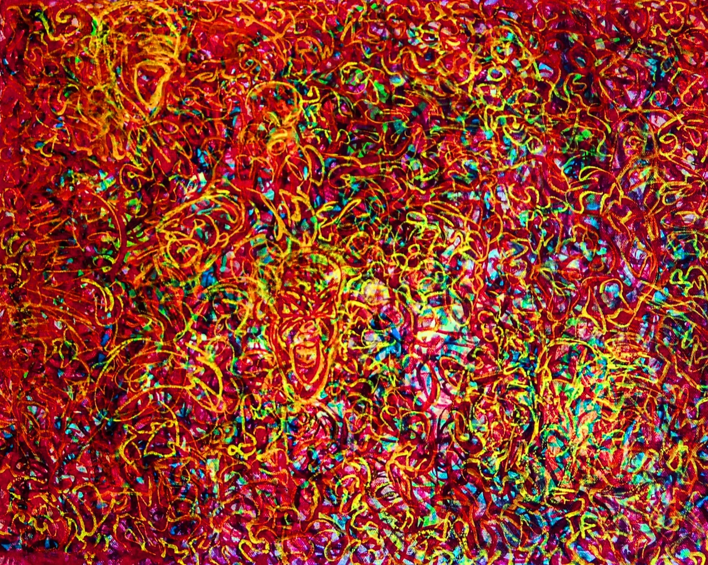 Colorful abstract art with intertwining lines in red, yellow, green, blue, and purple on a red background.