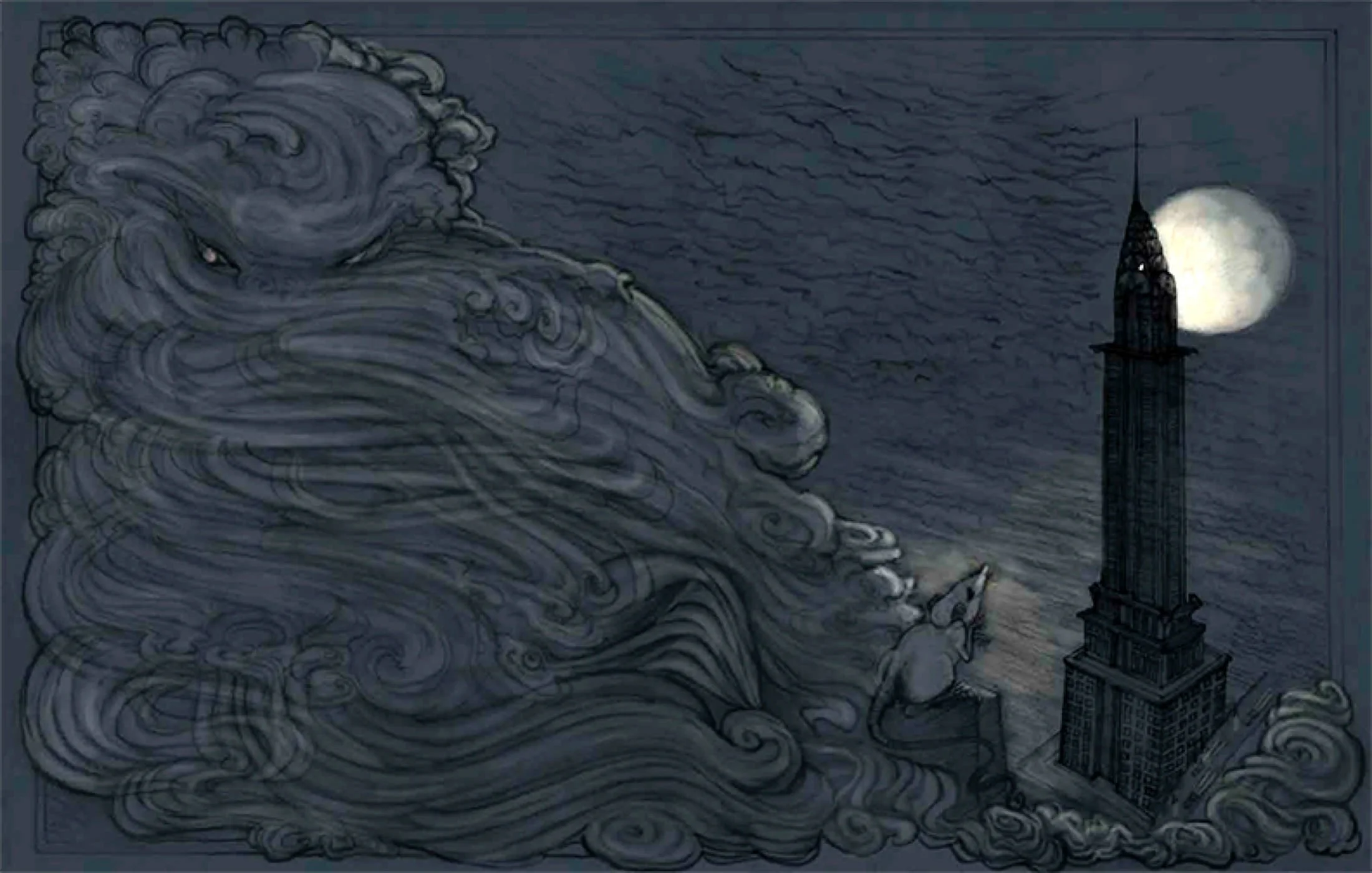 A dark illustration of swirling clouds and a tall, dark tower with a pointed top, illuminated by a bright full moon in the night sky.