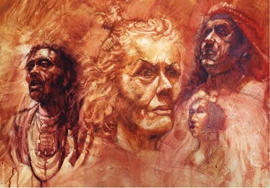 A painting depicting five faces of different individuals with intense expressions, rendered in warm earthy tones.