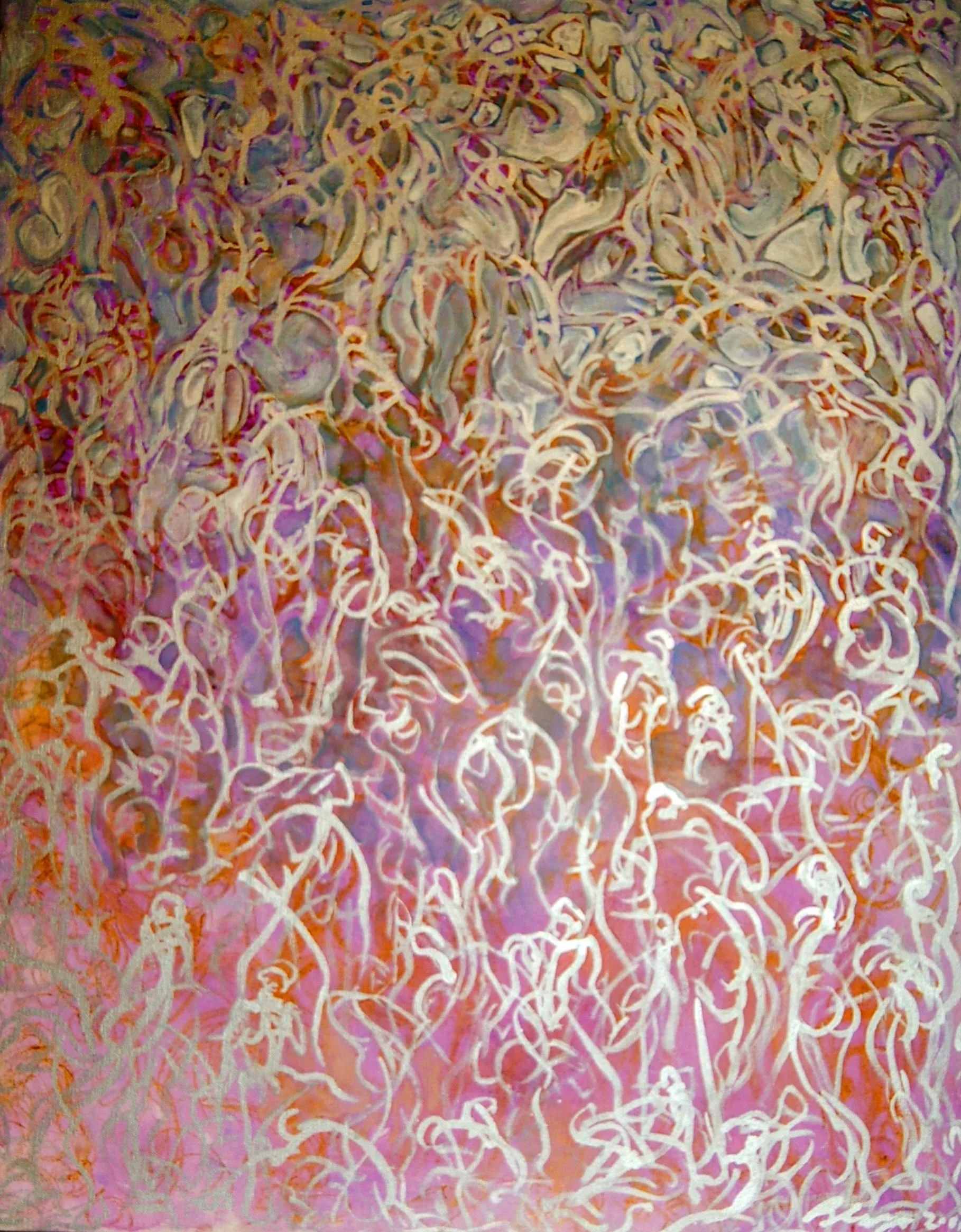 Abstract painting with swirling lines and shapes in shades of pink, orange, purple, and white, creating a textured and dynamic composition.