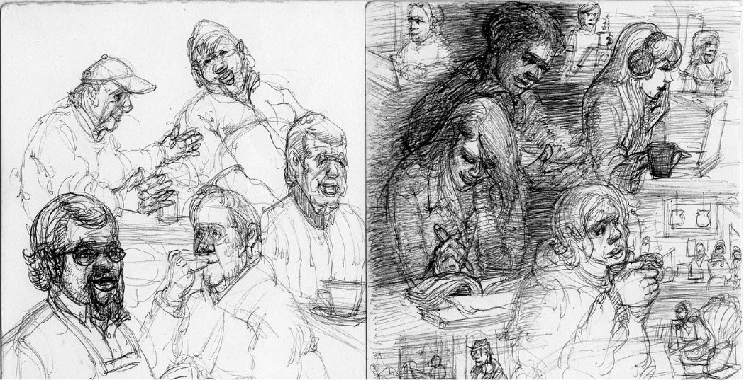 A sketch of people sitting in a cafe, some smiling and engaging, with some holding drinks and others writing.