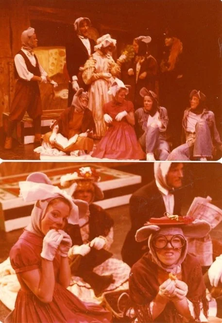 Cast of a theatrical play in colorful costumes performing on stage, with two scenes featuring actors wearing period clothing, some with comical expressions and props.