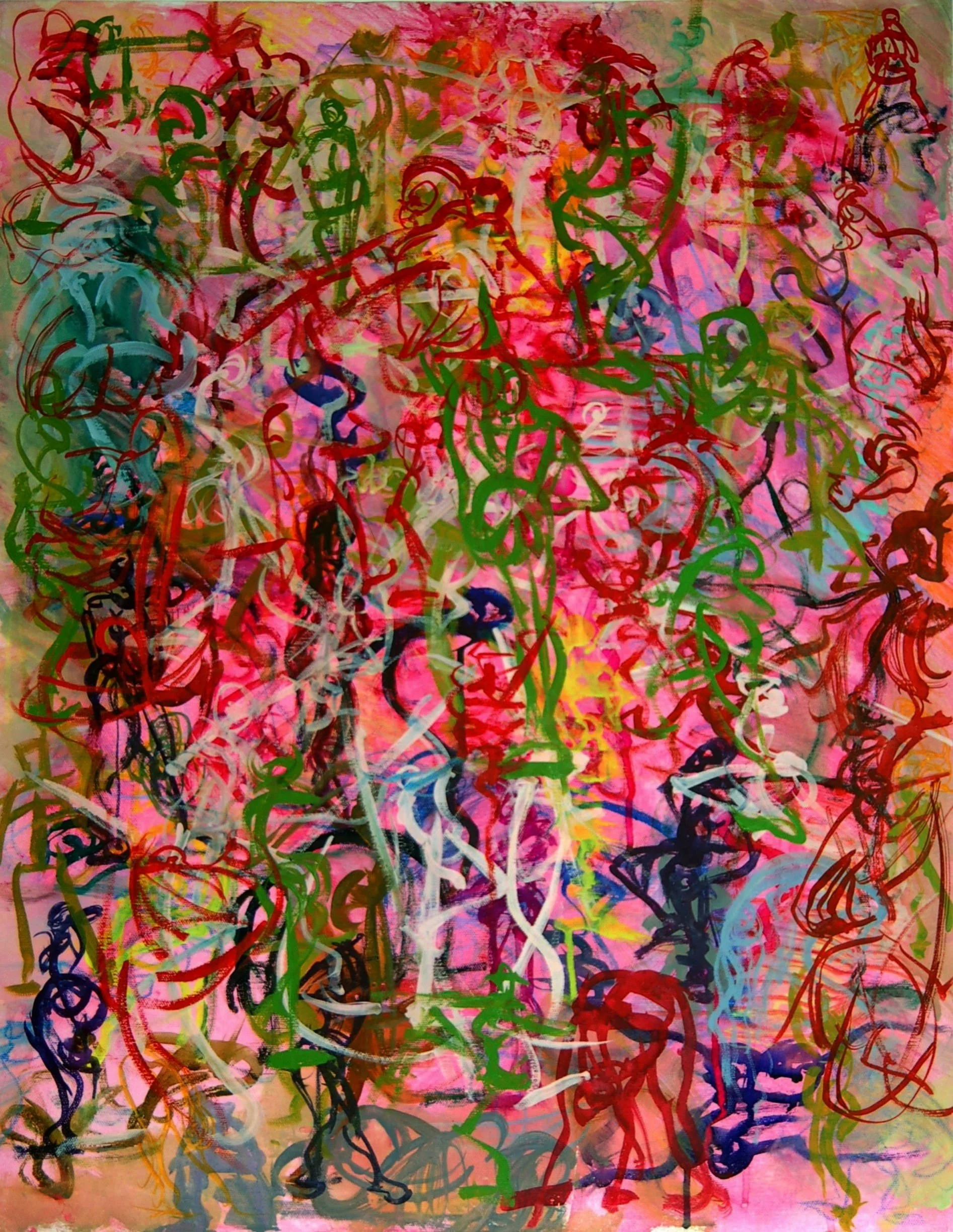 Colorful abstract artwork with overlapping squiggly lines and shapes in shades of pink, red, green, white, blue, yellow, black, and purple on a vibrant pink background.