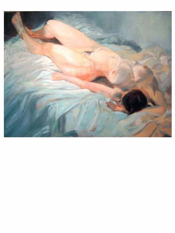 Painting of a nude woman lying on a bed with her arm extended and head turned sideways, with soft, pastel-colored sheets.