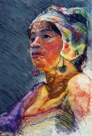 A colorful artistic portrait of a woman wearing a headscarf and earrings, painted in a stylized, textured style.