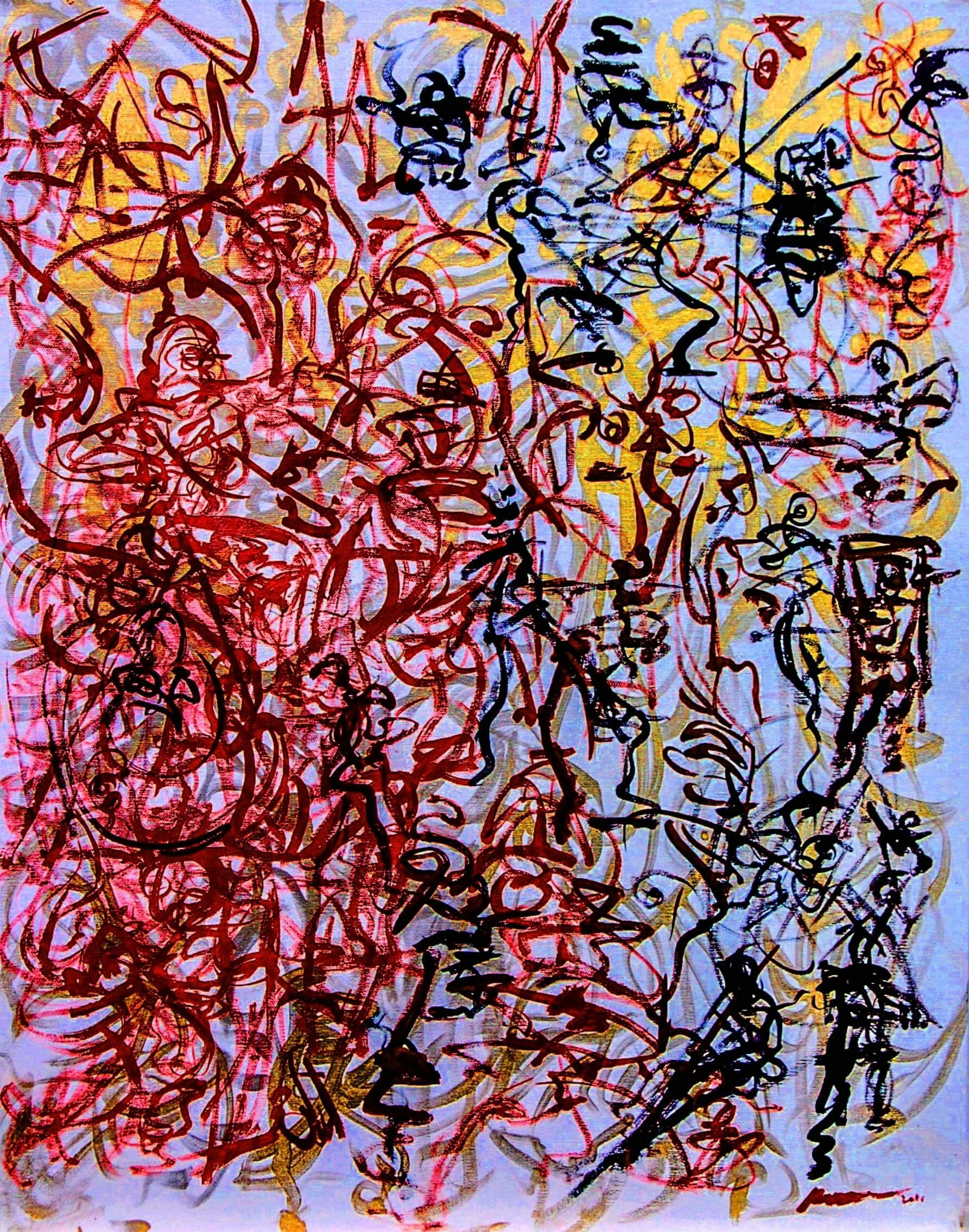 Abstract artwork with multicolored lines and scribbles in red, black, yellow, and blue, creating a chaotic and layered composition.