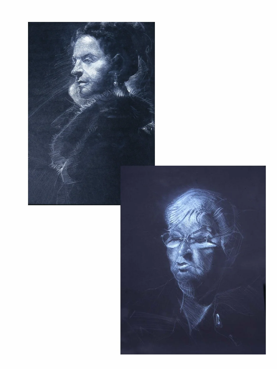 Two portraits created with light-colored lines on dark backgrounds. The upper portrait is a woman with styled hair, a pearl earring, and a fur collar, in a three-quarter profile. The lower portrait is an elderly woman with glasses and short hair, loo