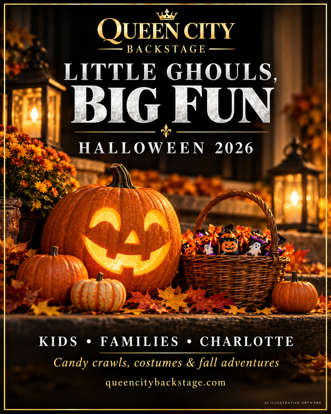 Queen City Backstage kids and family Halloween 2026 guide: friendly pumpkin, candy basket and lanterns. AI-generated illustration, not an event photograph.