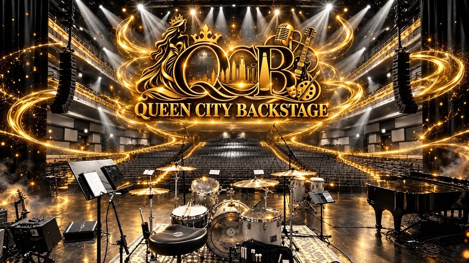 Queen City Backstage gold logo with sweeping gold light trails above a black-and-white theater and drum kit.