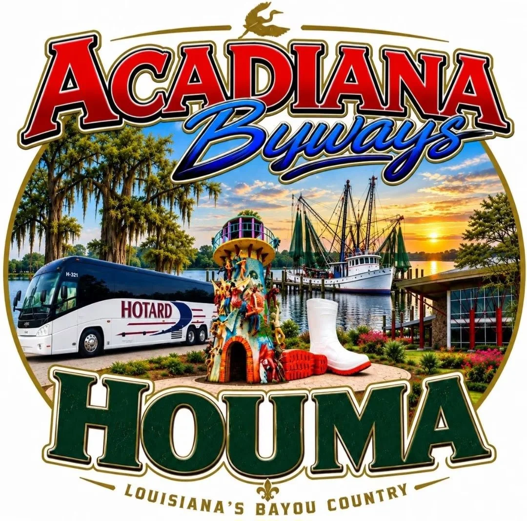 Logo for Acadiana Buays featuring a scenic Louisiana bayou with a tour bus, a sailboat, a playground with a white boot and a red shoe, and trees at sunset.