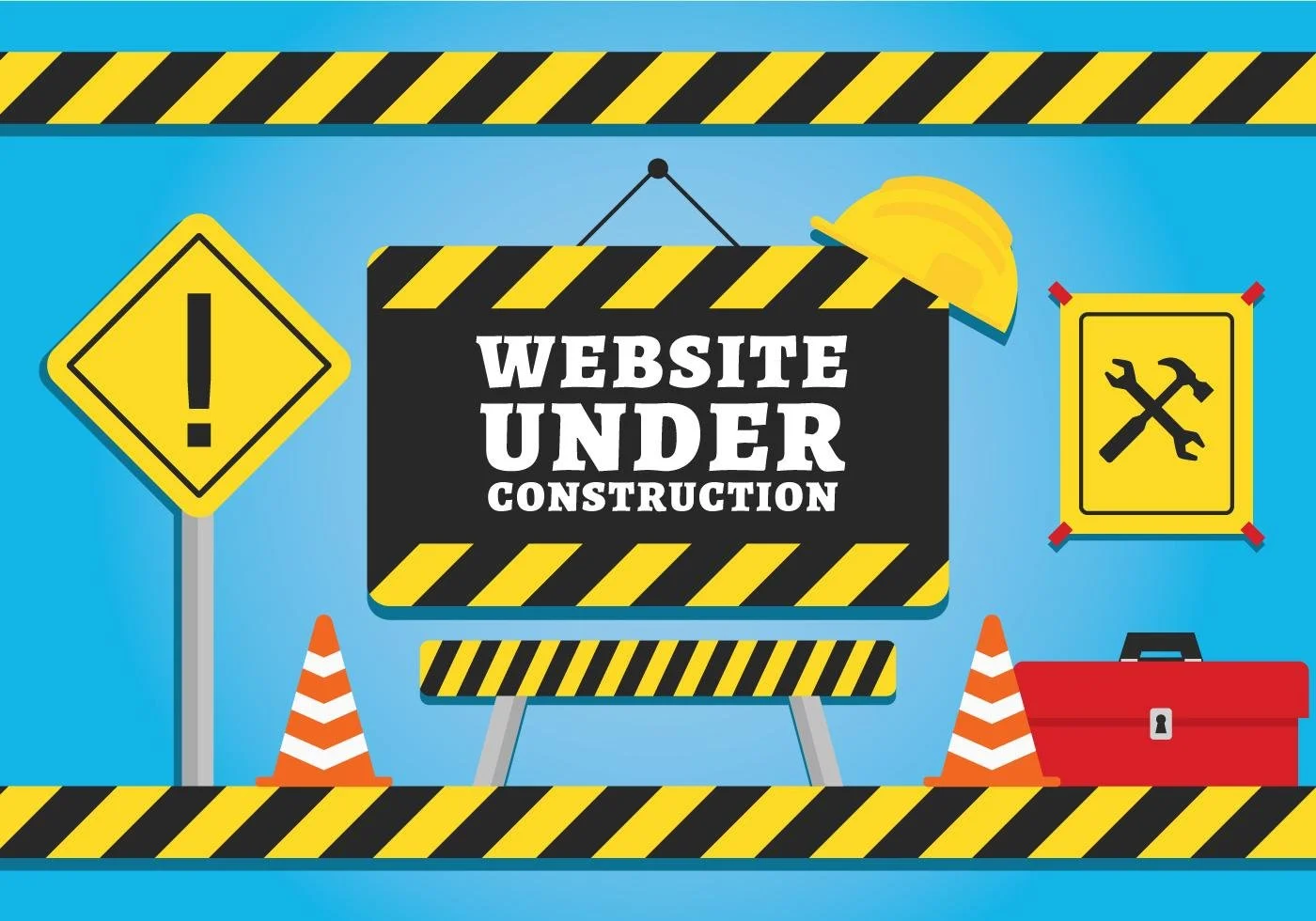 A digital illustration of a construction site with signs indicating website under construction, including caution tape, traffic cones, a hard hat, and tools