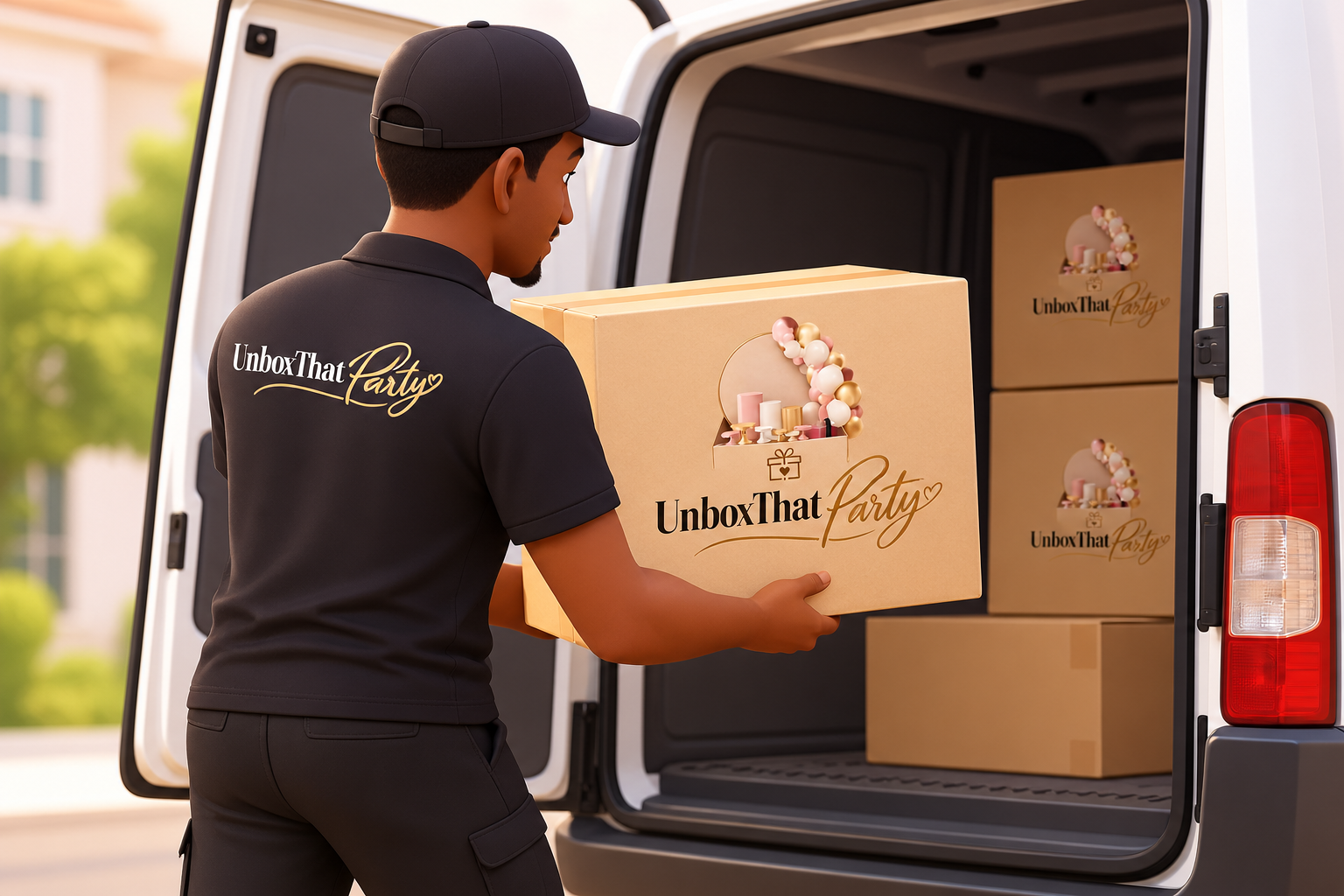 A delivery person loading boxes labeled 'Unbox That Party' into a van, wearing a black shirt and cap.