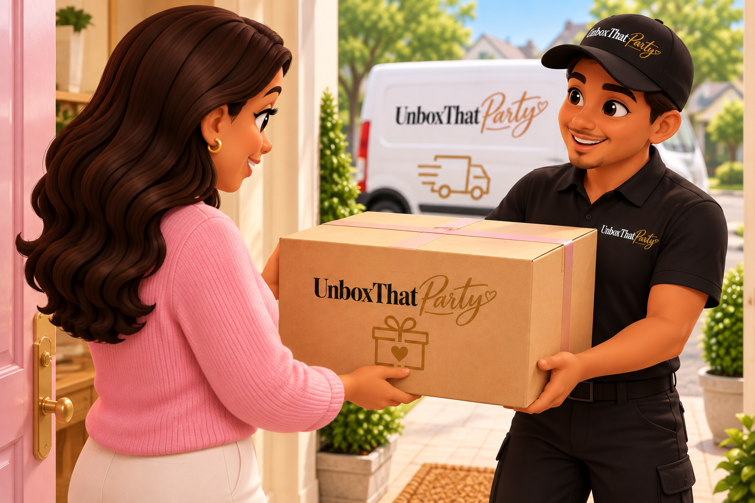 A delivery person hands a woman a large cardboard box labeled 'UnboxThat Party' with a gift icon on it, outside her house during daytime.