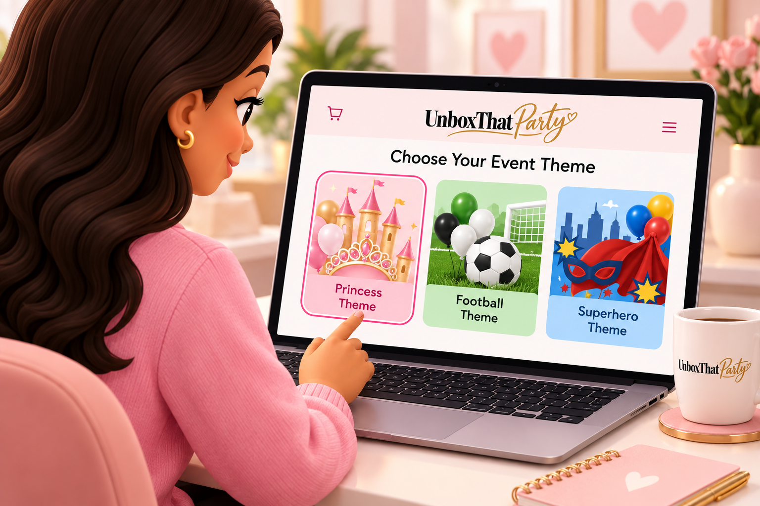 A woman in pink sweater selecting Princess Theme on a laptop screen with birthday party options, surrounded by celebration decor and a coffee mug that reads UnboxThatParty.