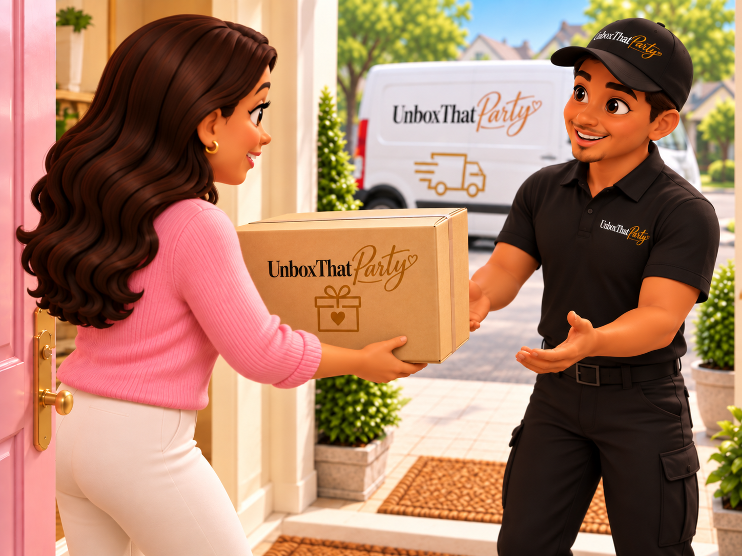 A woman in a pink shirt and white pants receiving a wrapped box from a delivery person in a black uniform with a cap, outside a house. The box has the words 'UnboxThat Party' printed on it. In the background, a white delivery van with the same logo is parked on the street.