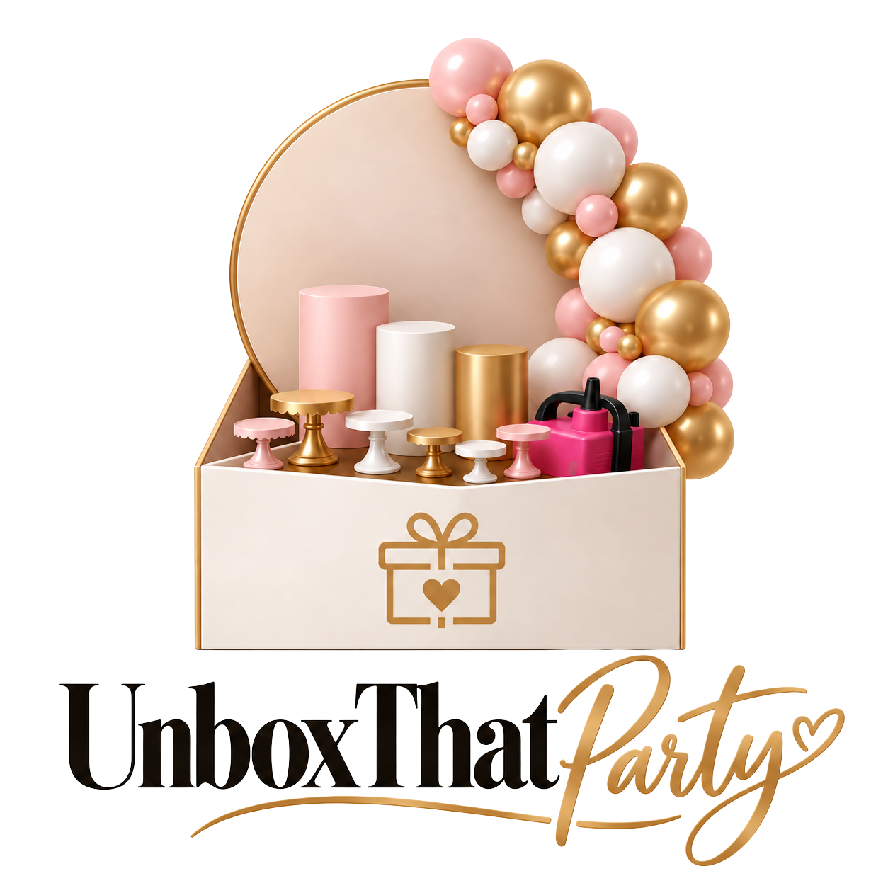 A white box decorated with gold accents and a gift icon, filled with pink, white, and gold balloons, various cake stands, and a pink spray bottle, with the words "Unbox That Party" in black and gold lettering below.
