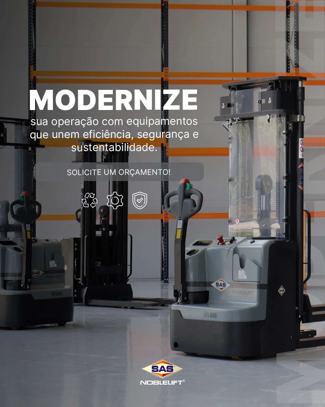 Industrial warehouse with stacked forklifts and storage racks, promoting modernization of operations with efficient, safe, and sustainable equipment.
