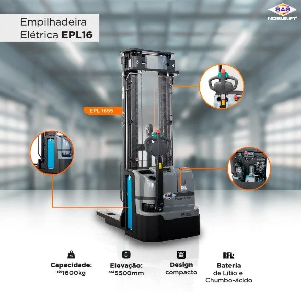 A compact electric forklift model EPL16 by SAS Noblelift is shown in a warehouse. The forklift has a maximum capacity of 600kg, a lifting height of 5500mm, and uses a lithium-ion and thionyl chloride battery. The image highlights features including the control handle, battery compartment, and motor.