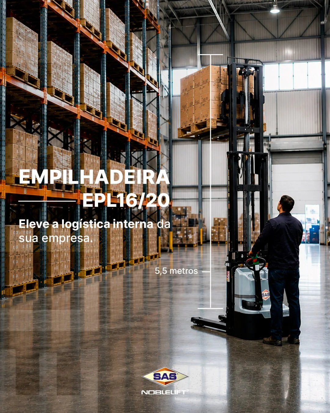 An indoor warehouse with high shelves filled with boxes. A worker operates a forklift that is lifting a pallet of boxes to a high shelf. The warehouse has large windows and a concrete floor.