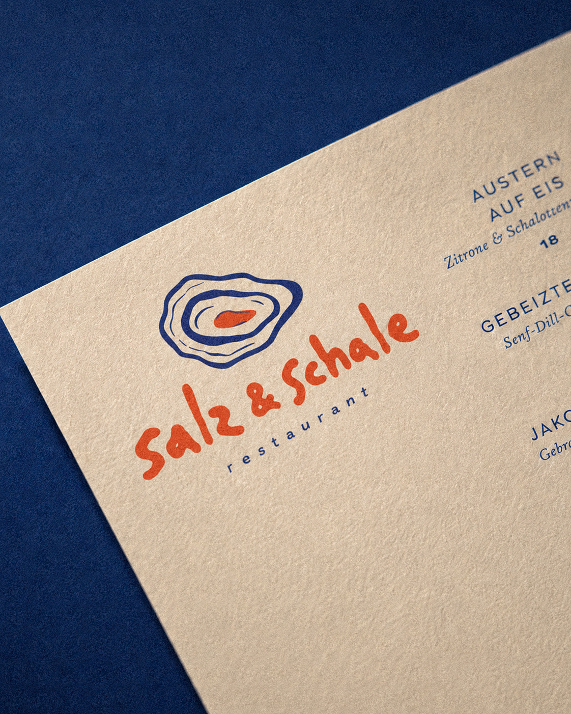 Close-up of a restaurant menu with the name 'Salz & Schale' and a colorful logo above it, featuring abstract blue and orange shapes.