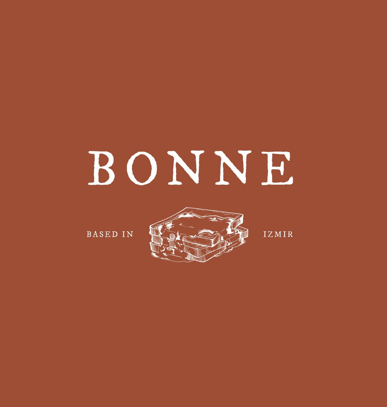 A brown background with white text that says 'BONNE' and an illustration of a stack of toasted bread slices with melted butter. Smaller text reads 'Based in Izmir'.