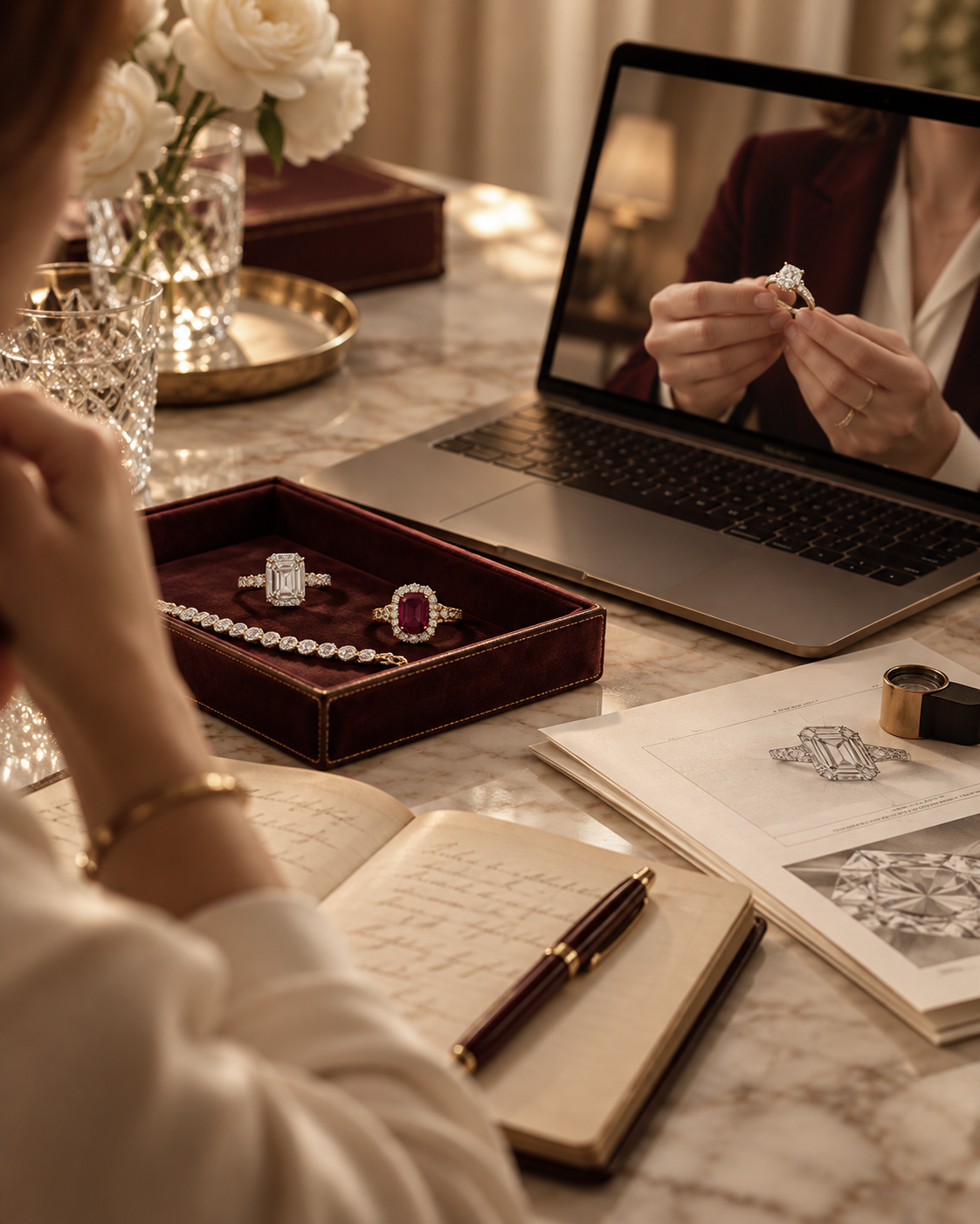 Person looking at jewelry on a laptop, showing a diamond ring.