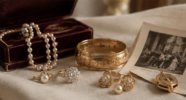 Vintage jewelry including pearl necklace, ring, brooch, earrings, gold bracelet, and pocket watch, alongside an old black-and-white photograph, all arranged on a fabric surface with a jewelry box in the background.