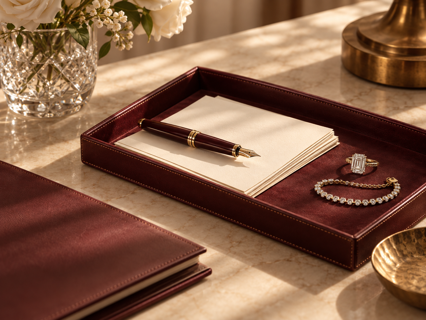 On a marble table, a maroon leather tray contains a fountain pen, a stack of blank paper, a large emerald-cut diamond ring, a diamond bracelet, and a gold bracelet. To the left, a glass vase holds white flowers, and to the right, a gold-colored lamp is partially visible.