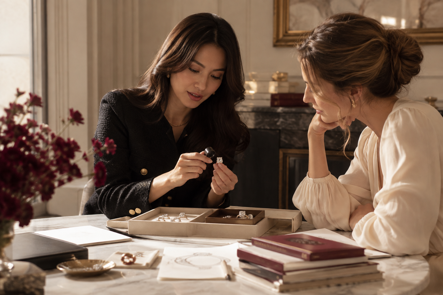 Two women sitting at a table with jewelry, one showing the other a diamond ring.