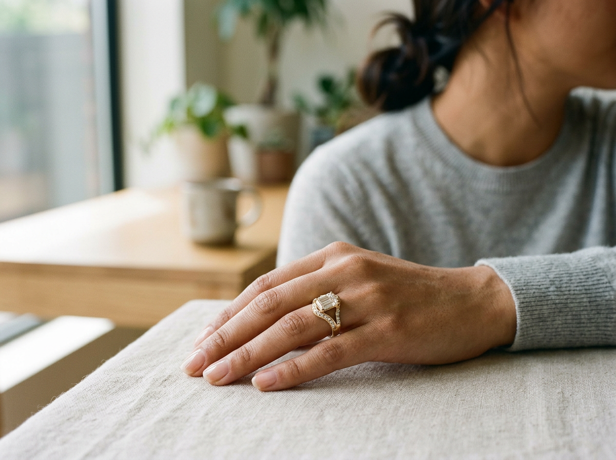 Close-up of a woman's hand resting on a beige surface, showing a large diamond ring on her ring finger, with a blurred background of indoor plants and mugs.