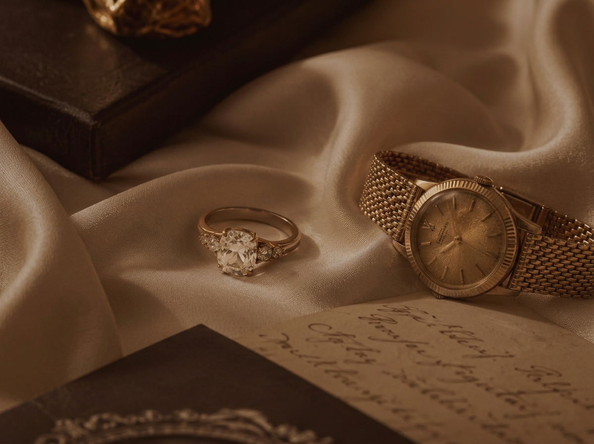 A gold watch and a diamond engagement ring placed on satin fabric, with a book and handwritten letter nearby.