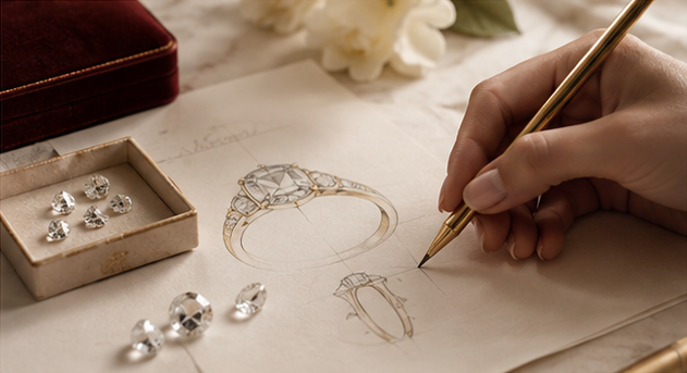 Drawing of a diamond engagement ring on paper, with loose loose diamonds and a jewelry box nearby.