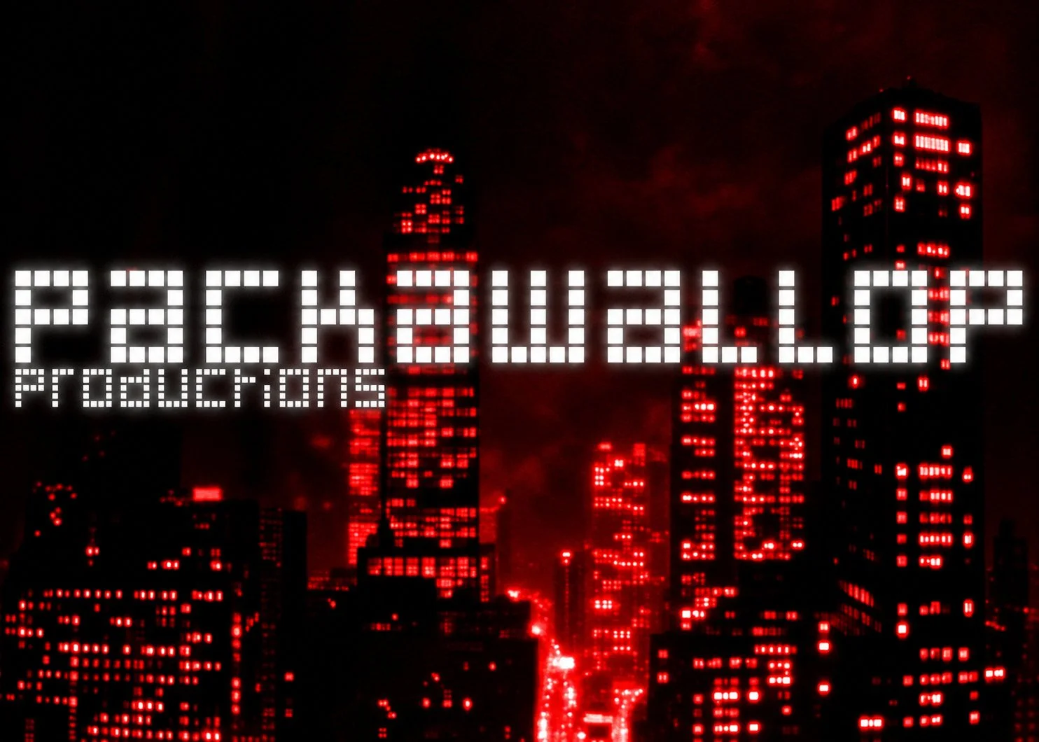Night cityscape with tall buildings lit up with red lights, overlaid with the text 'P.C. Hardware Productions' in white pixelated font.