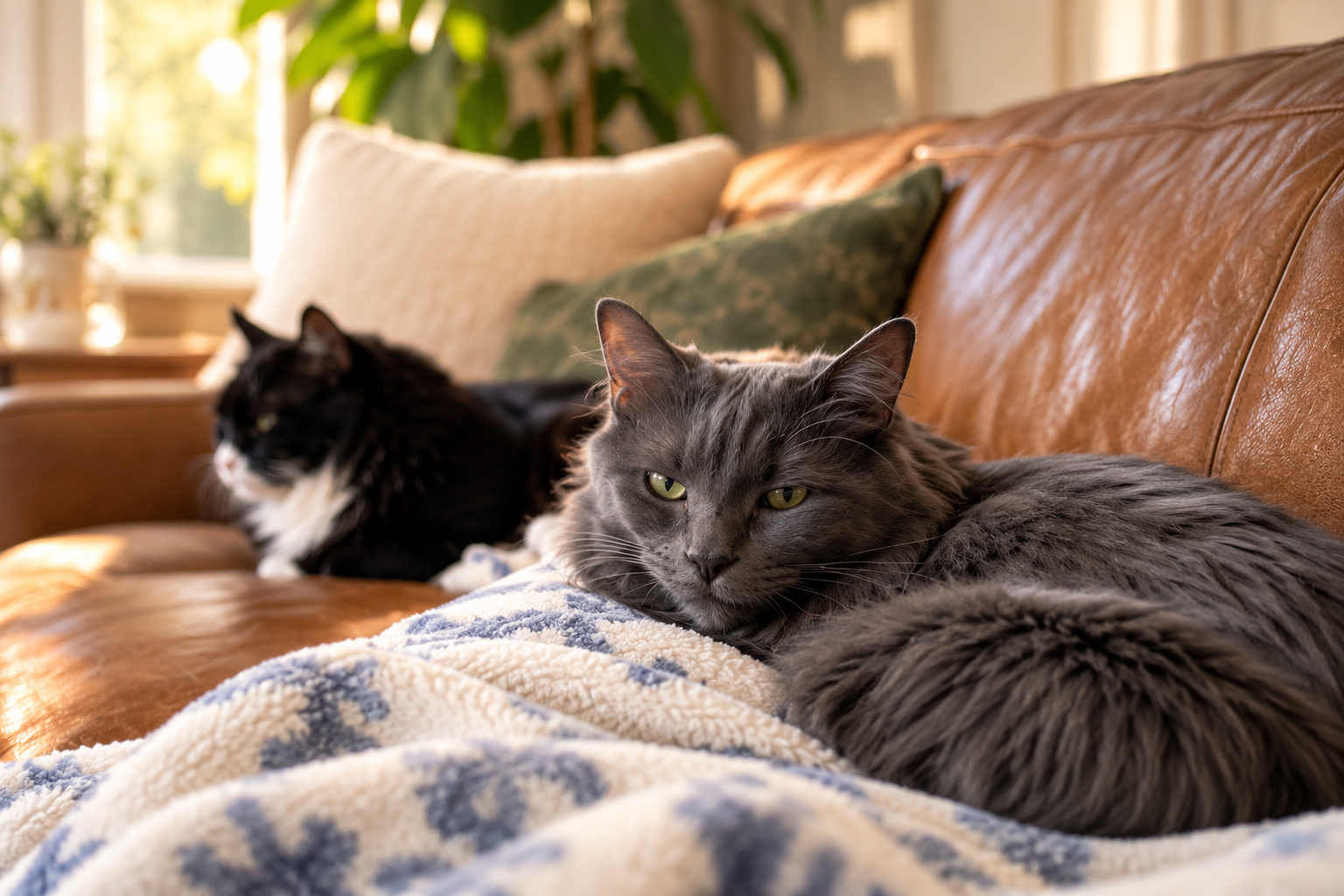 Two cats resting on a couch, one gray with green eyes in the foreground and a black and white cat in the background, with sunlight streaming through a window.