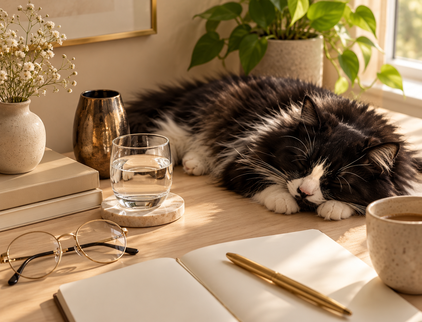 A black and white sleeping cat on a wooden desk with a notebook, gold pen, sunglasses, a glass of water, a cup of coffee, and potted plants nearby in a sunny room.