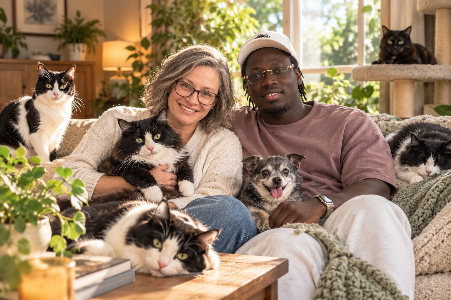 A smiling woman with gray hair and glasses and a young man with dark skin and glasses sitting on a couch with multiple cats and dogs in a well-lit living room.