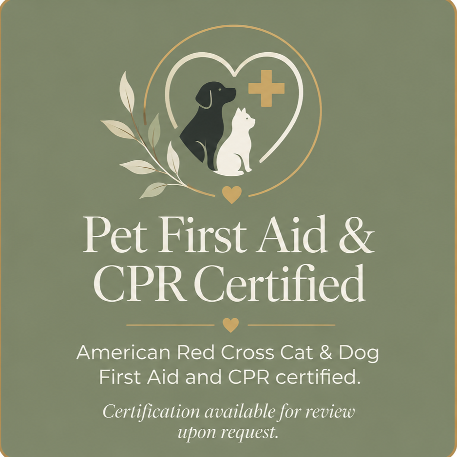 Green background with a heart-shaped outline including a dog and cat, a medical cross, and text indicating pet first aid and CPR certification from the American Red Cross for dogs and cats.