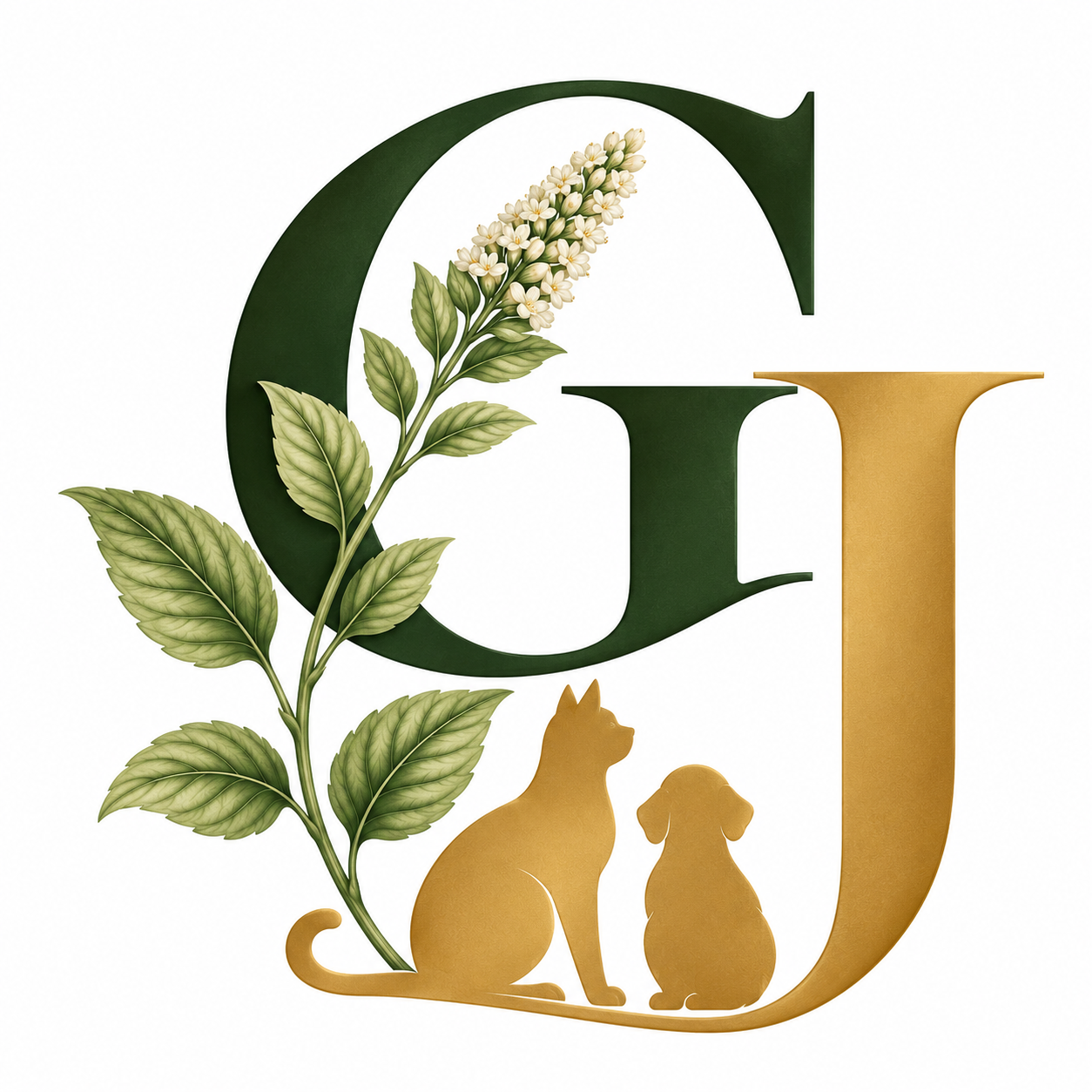 Decorative graphic featuring the letters G and J, with the G in dark green, the J in gold, a botanical branch with leaves and white flowers, and silhouettes of a sitting dog and a sitting cat.