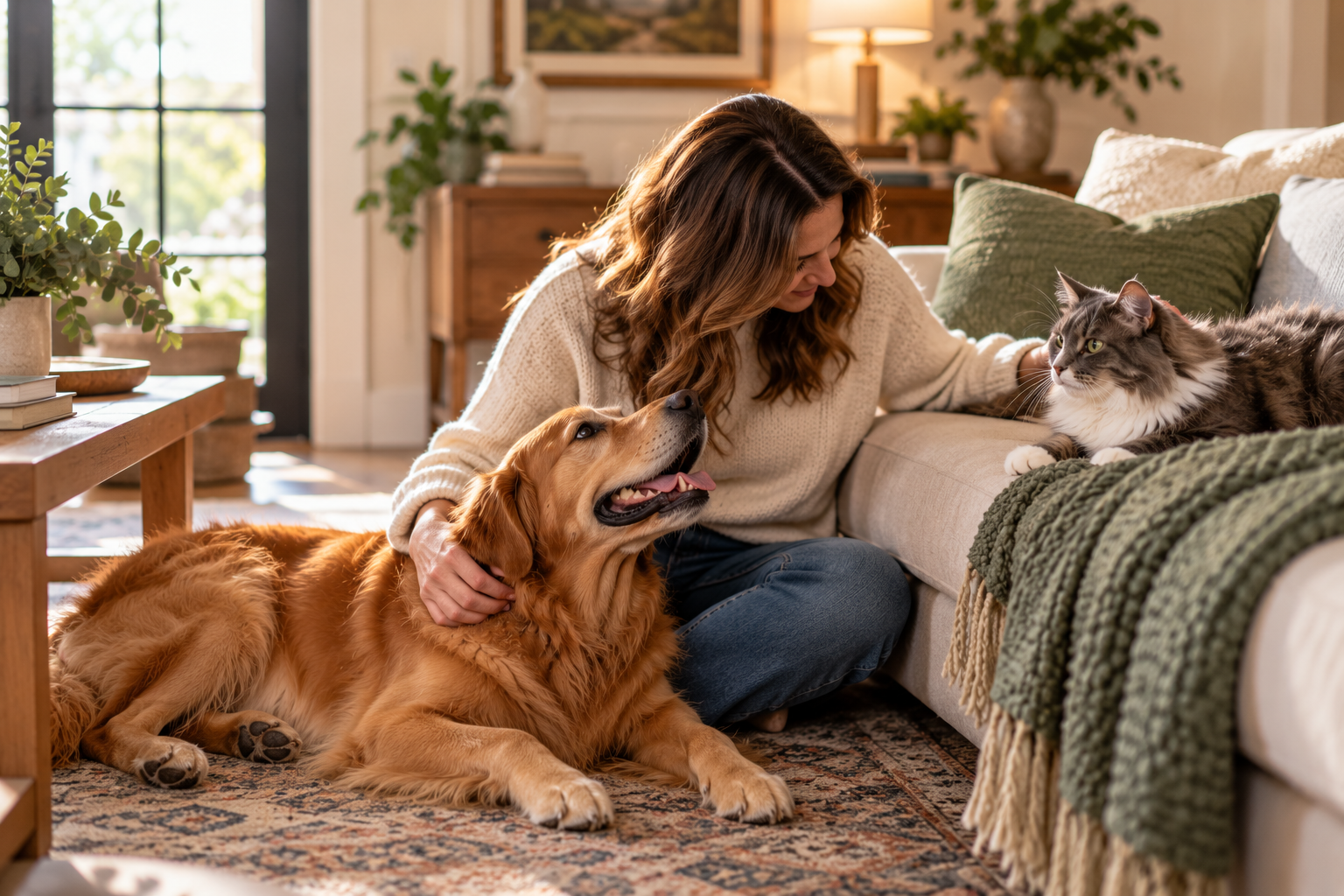 A woman sitting on the floor in a living room with a golden retriever and a long-haired cat, petting the cat while the dog looks up at her.