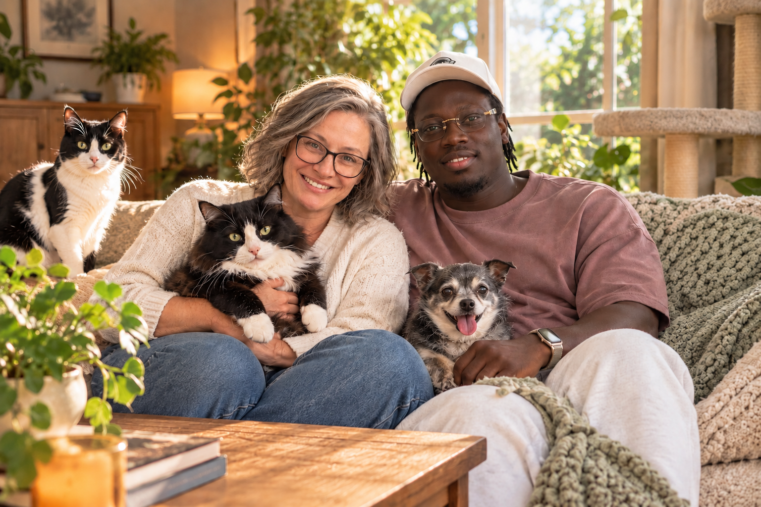 A smiling woman with gray hair and glasses, and a man with glasses and a white cap, sitting on a cozy couch with two cats and a dog in a sunlit living room.